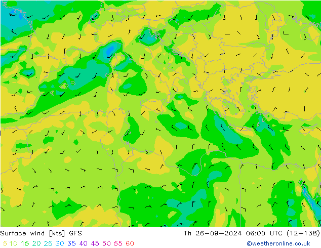 Vento 10 m GFS gio 26.09.2024 06 UTC