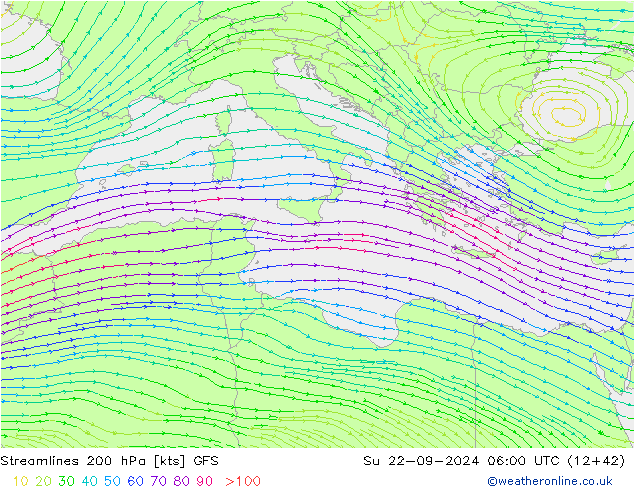 Linia prądu 200 hPa GFS nie. 22.09.2024 06 UTC