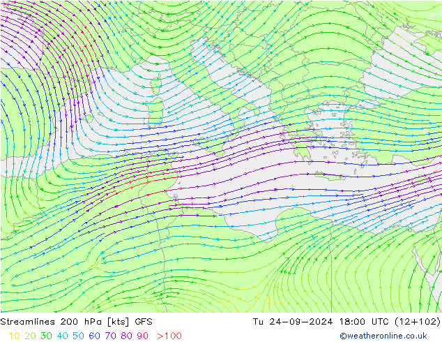 Linha de corrente 200 hPa GFS Ter 24.09.2024 18 UTC