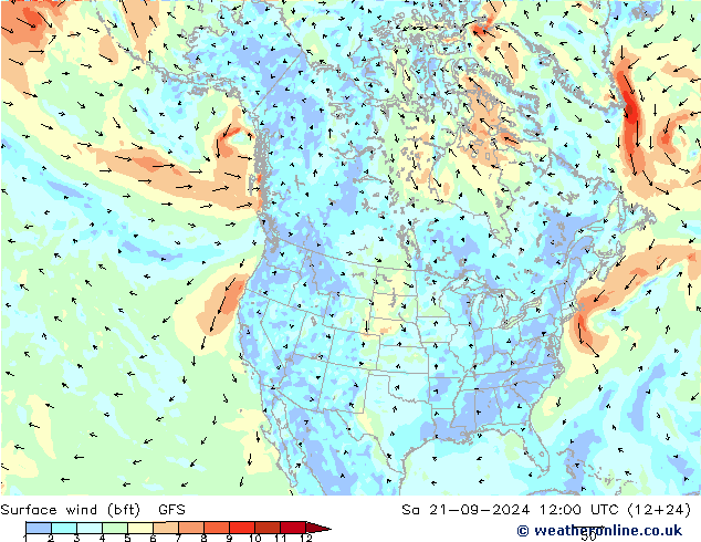 Wind 10 m (bft) GFS za 21.09.2024 12 UTC