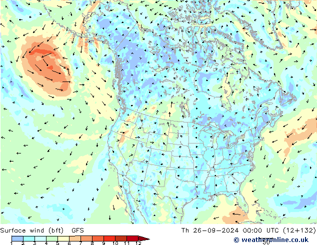ве�Bе�@ 10 m (bft) GFS чт 26.09.2024 00 UTC