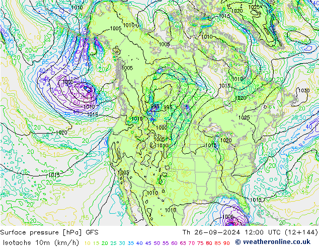 Isotachs (kph) GFS  26.09.2024 12 UTC