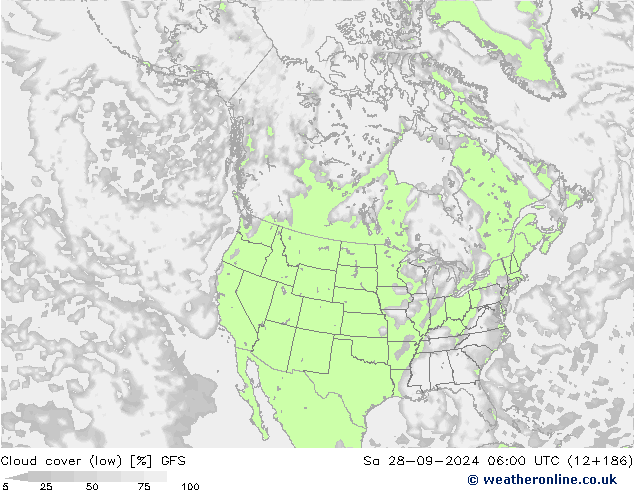 Cloud cover (low) GFS Sa 28.09.2024 06 UTC