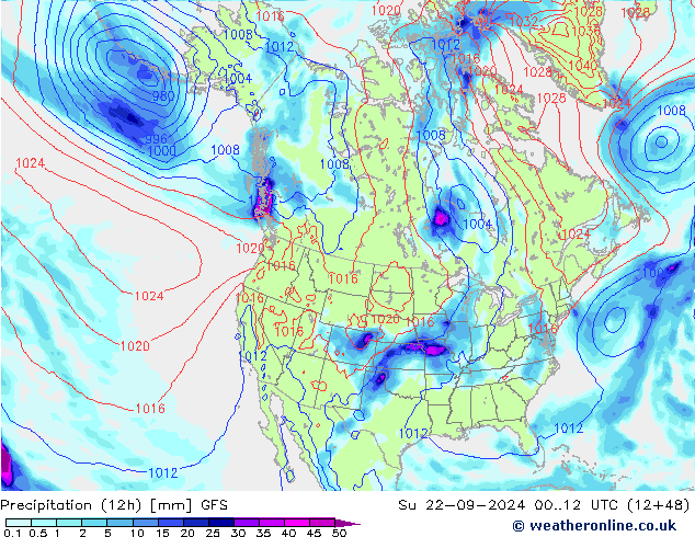 Totale neerslag (12h) GFS zo 22.09.2024 12 UTC