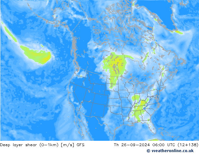 Deep layer shear (0-1km) GFS Qui 26.09.2024 06 UTC