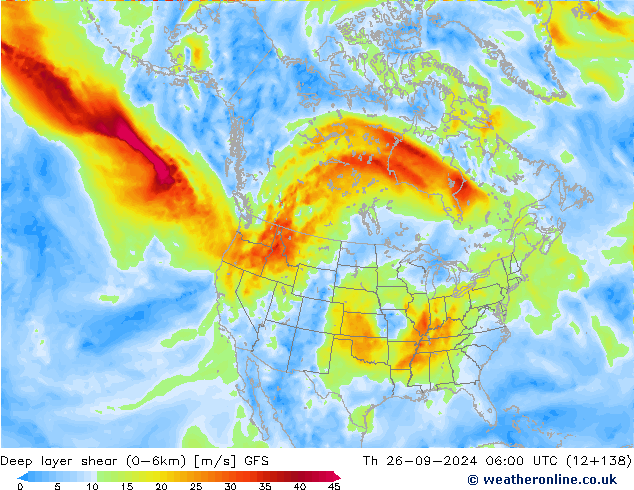 Deep layer shear (0-6km) GFS Do 26.09.2024 06 UTC