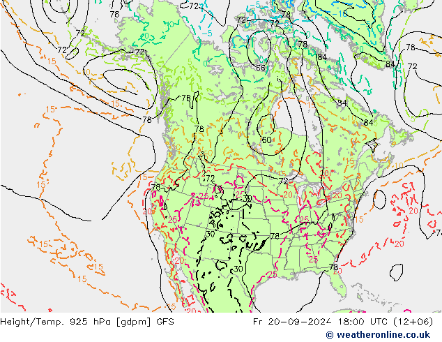 Height/Temp. 925 hPa GFS Pá 20.09.2024 18 UTC