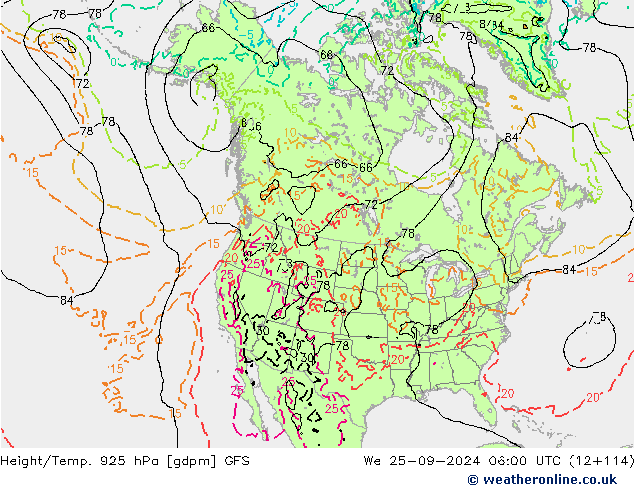 Height/Temp. 925 hPa GFS We 25.09.2024 06 UTC