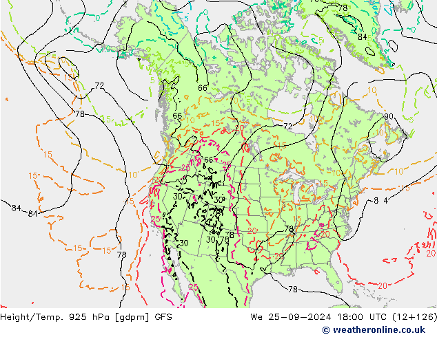 Height/Temp. 925 hPa GFS mer 25.09.2024 18 UTC