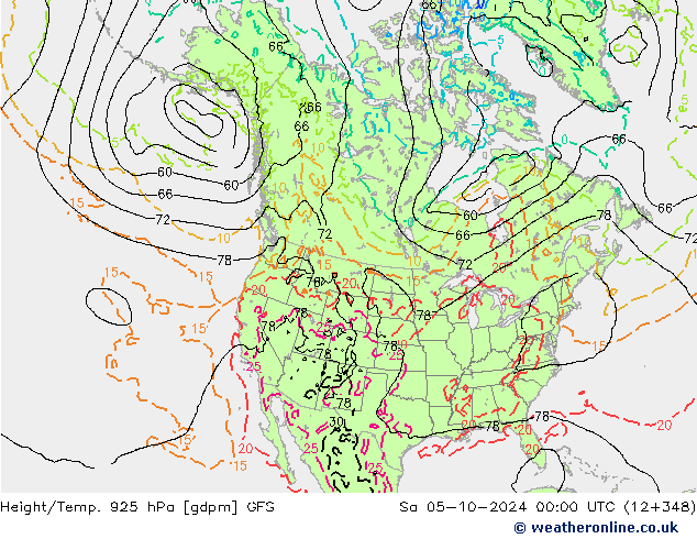 Height/Temp. 925 hPa GFS sab 05.10.2024 00 UTC