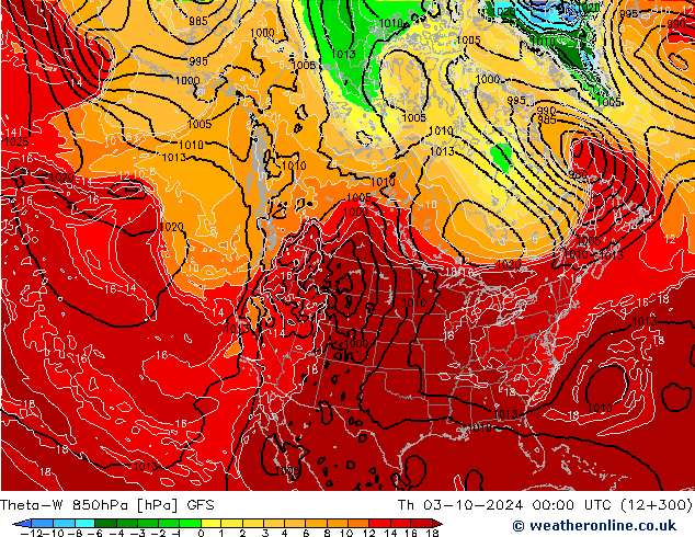 Theta-W 850гПа GFS чт 03.10.2024 00 UTC
