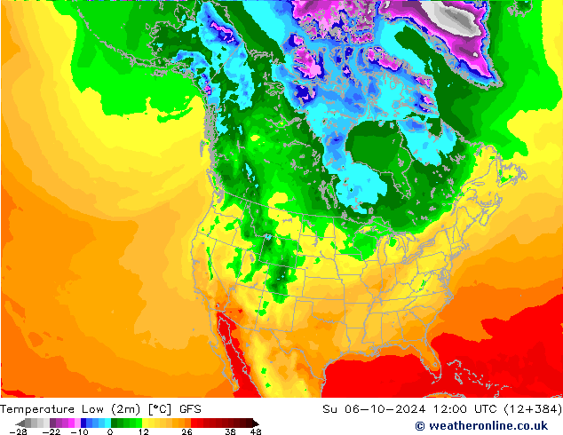 Min.temperatuur (2m) GFS zo 06.10.2024 12 UTC