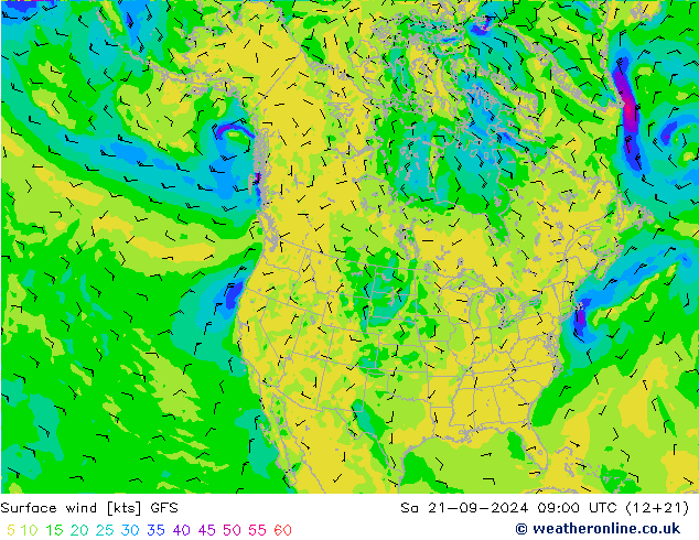 Vento 10 m GFS Sáb 21.09.2024 09 UTC