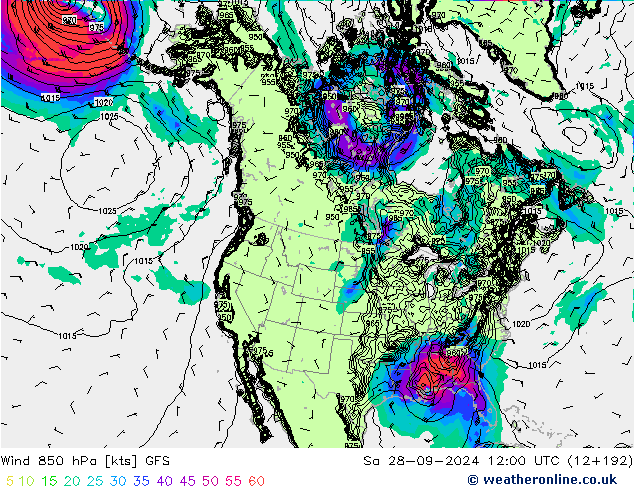 wiatr 850 hPa GFS so. 28.09.2024 12 UTC