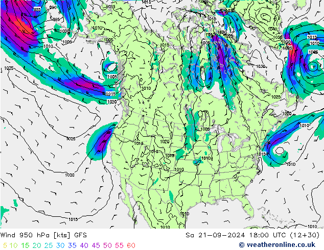 Wind 950 hPa GFS Sa 21.09.2024 18 UTC