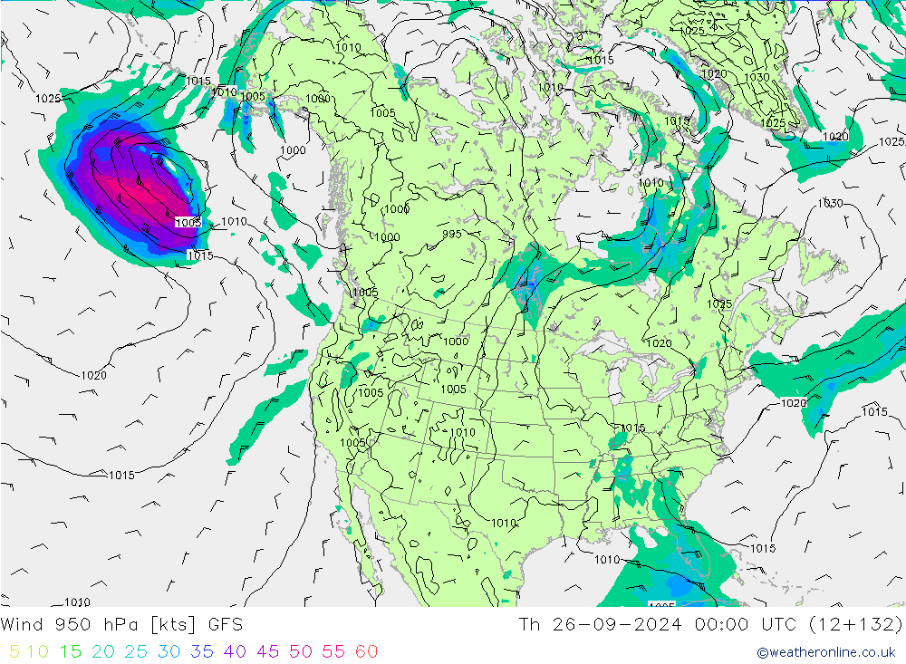 Vento 950 hPa GFS Qui 26.09.2024 00 UTC