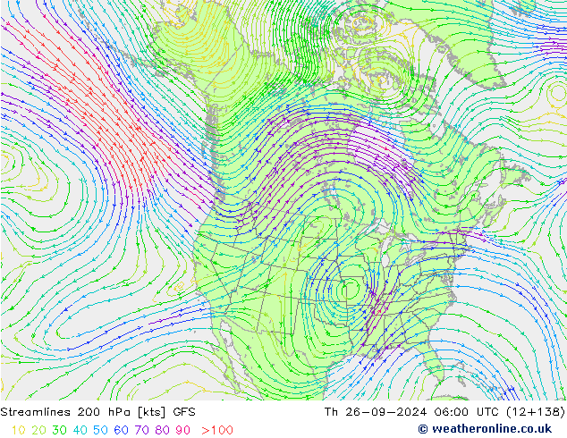 Linia prądu 200 hPa GFS czw. 26.09.2024 06 UTC