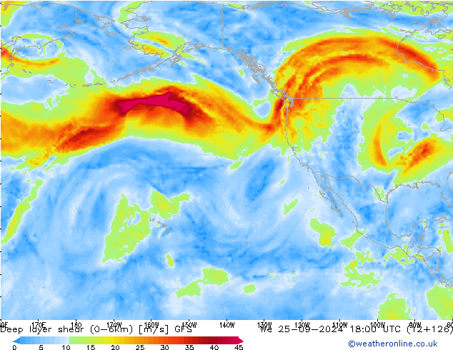 Deep layer shear (0-6km) GFS Mi 25.09.2024 18 UTC