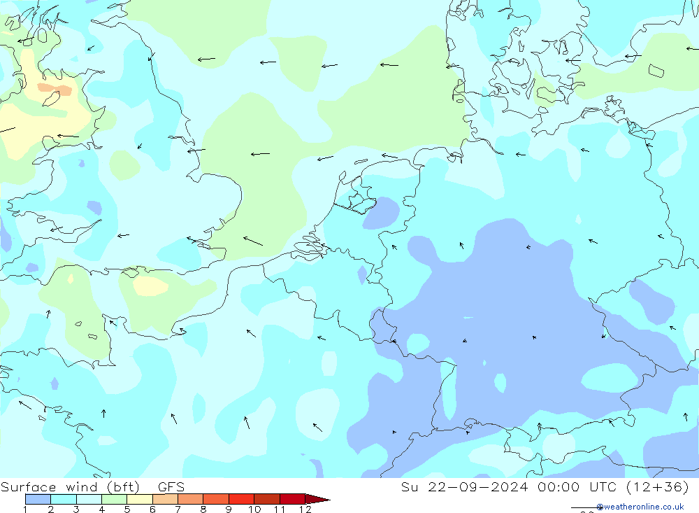 Vento 10 m (bft) GFS dom 22.09.2024 00 UTC