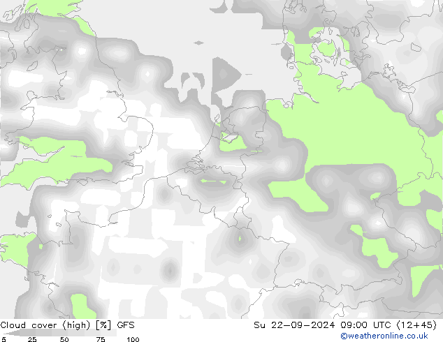 Cloud cover (high) GFS Su 22.09.2024 09 UTC