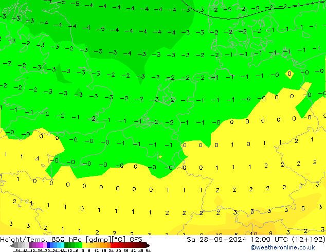 Geop./Temp. 850 hPa GFS sáb 28.09.2024 12 UTC