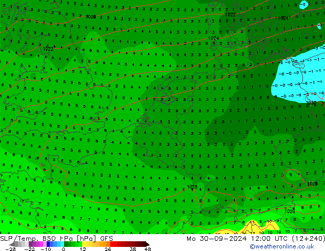 SLP/Temp. 850 hPa GFS Seg 30.09.2024 12 UTC