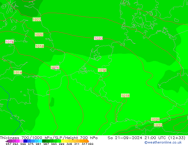 Thck 700-1000 гПа GFS сб 21.09.2024 21 UTC