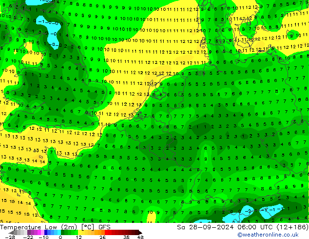 Temperatura mín. (2m) GFS sáb 28.09.2024 06 UTC