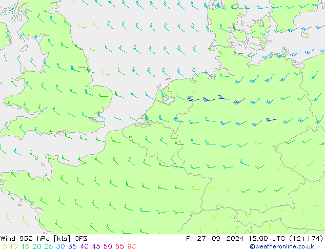 Vent 950 hPa GFS ven 27.09.2024 18 UTC