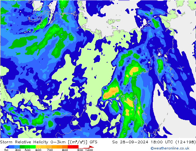 Storm Relative Helicity GFS sam 28.09.2024 18 UTC