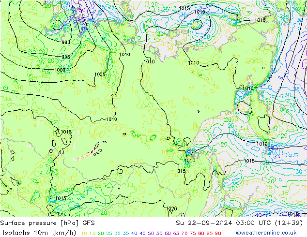 Isotachs (kph) GFS  22.09.2024 03 UTC