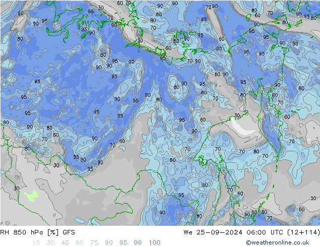 Humidité rel. 850 hPa GFS mer 25.09.2024 06 UTC