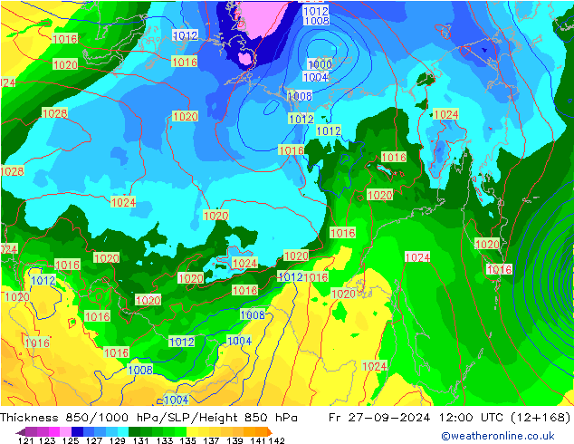 Thck 850-1000 hPa GFS Sex 27.09.2024 12 UTC