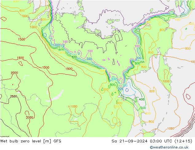 Wet bulb zero level GFS Sa 21.09.2024 03 UTC