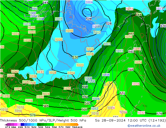 Thck 500-1000hPa GFS sab 28.09.2024 12 UTC