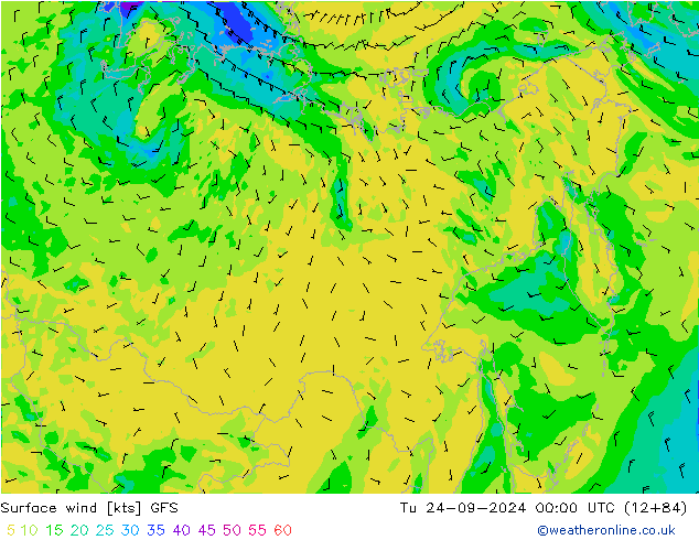 Surface wind GFS Út 24.09.2024 00 UTC