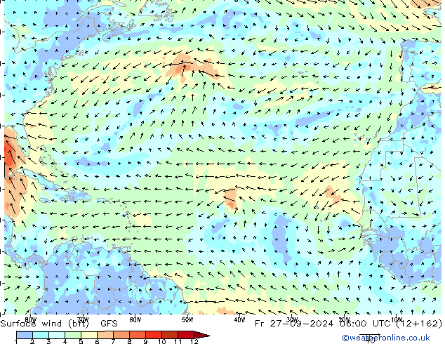 Surface wind (bft) GFS Fr 27.09.2024 06 UTC