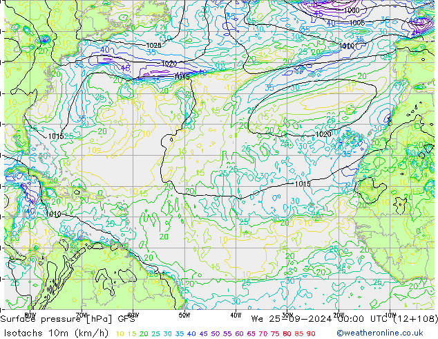 Isotachen (km/h) GFS wo 25.09.2024 00 UTC