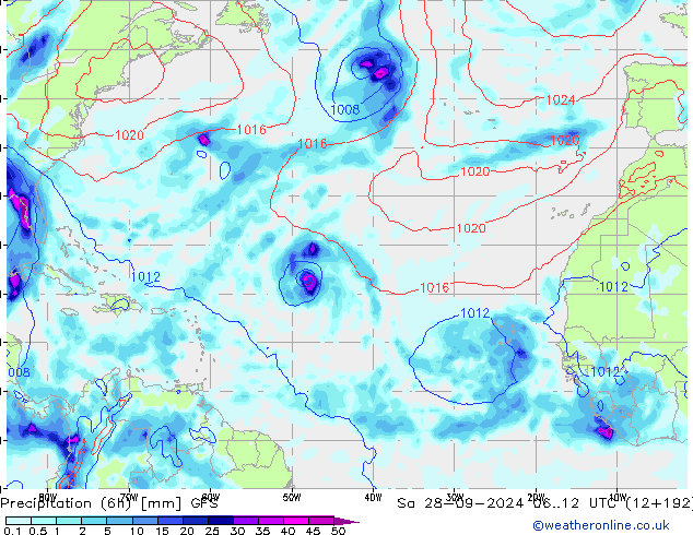 Z500/Rain (+SLP)/Z850 GFS сб 28.09.2024 12 UTC