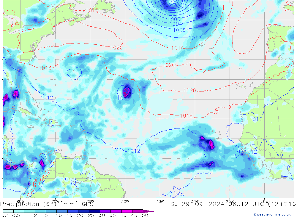 Precipitation (6h) GFS Su 29.09.2024 12 UTC