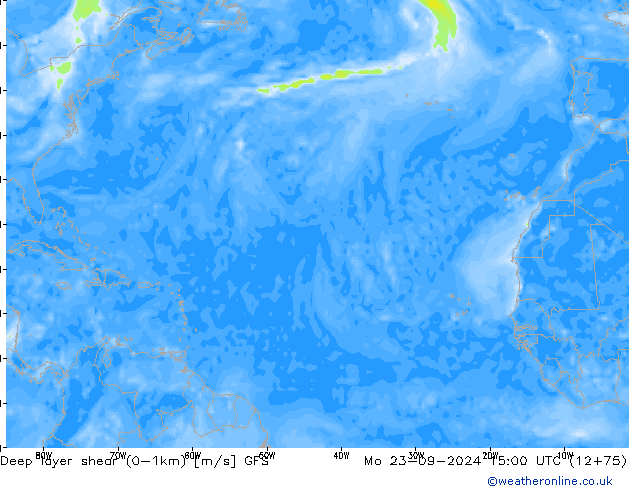 Deep layer shear (0-1km) GFS lun 23.09.2024 15 UTC