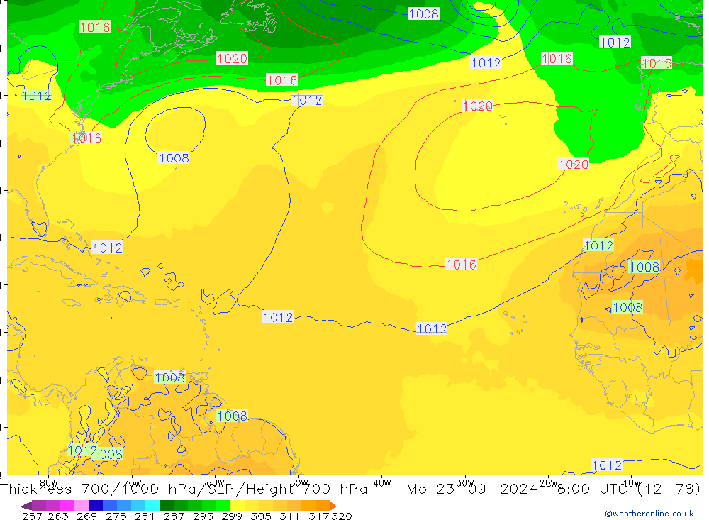 Thck 700-1000 hPa GFS lun 23.09.2024 18 UTC