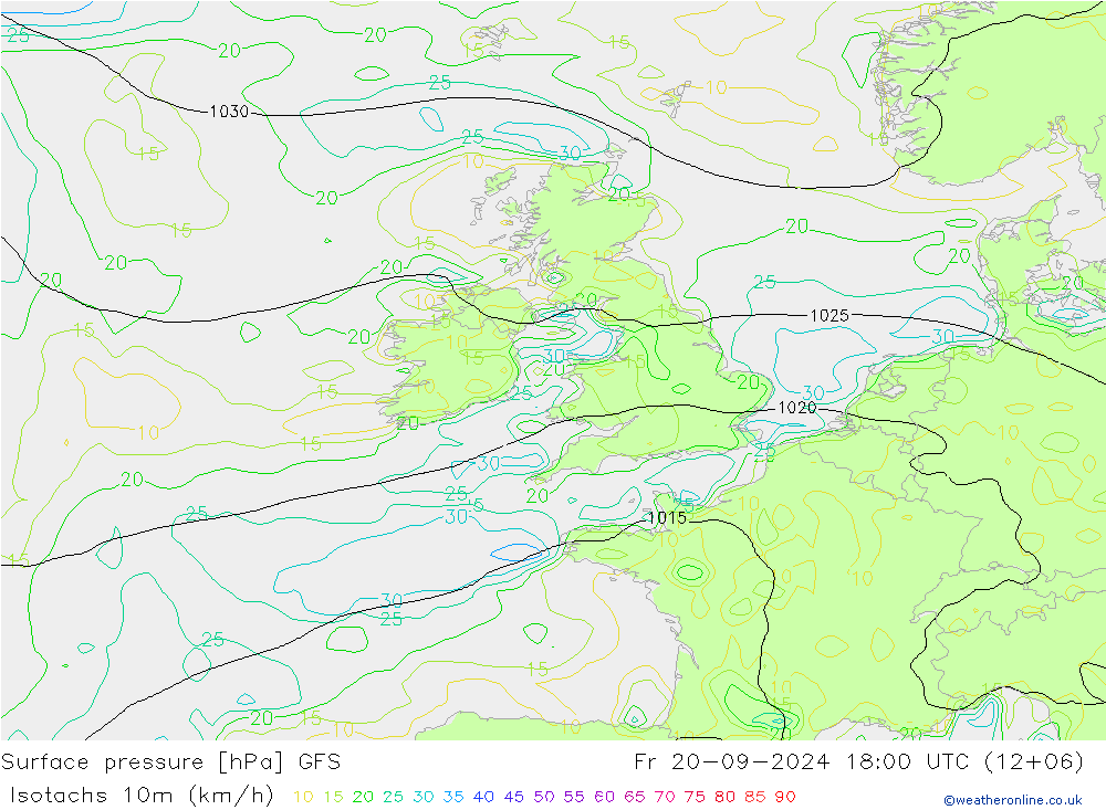 Isotachs (kph) GFS ven 20.09.2024 18 UTC