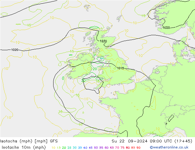 Eşrüzgar Hızları mph GFS Paz 22.09.2024 09 UTC