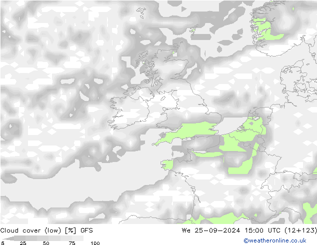 Cloud cover (low) GFS We 25.09.2024 15 UTC