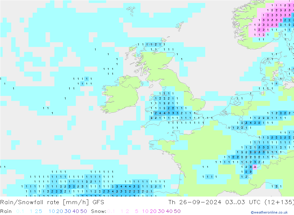 Rain/Snowfall rate GFS  26.09.2024 03 UTC