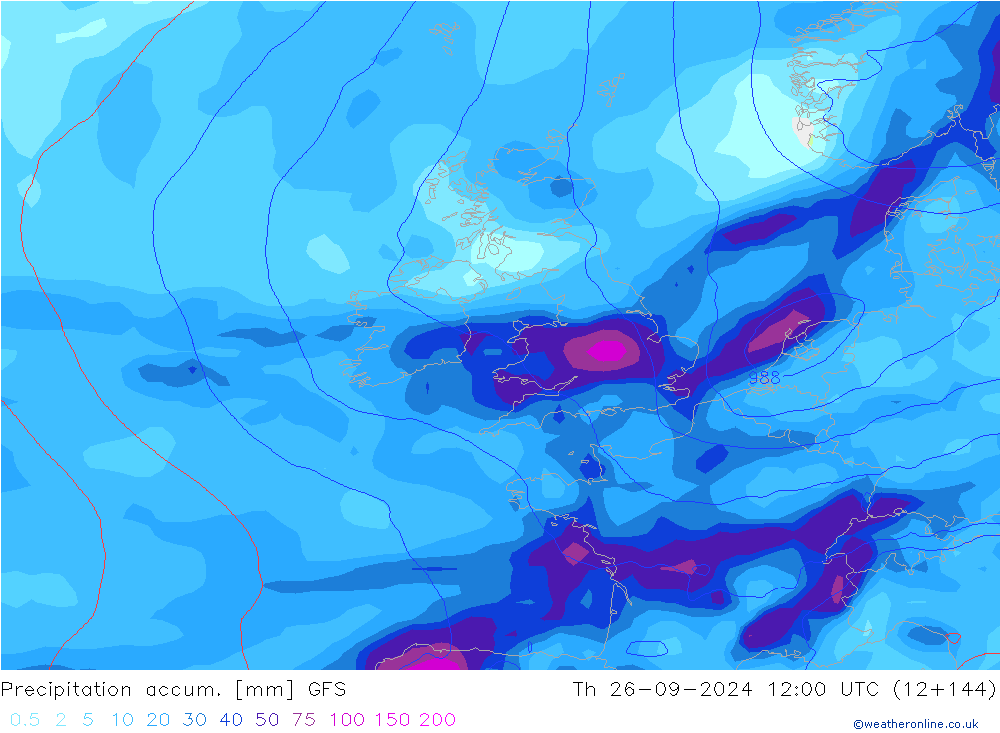 Precipitation accum. GFS czw. 26.09.2024 12 UTC