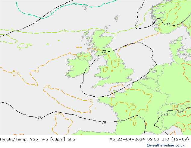 Height/Temp. 925 hPa GFS lun 23.09.2024 09 UTC