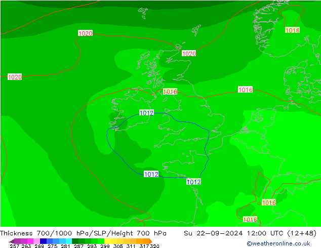 Thck 700-1000 hPa GFS nie. 22.09.2024 12 UTC