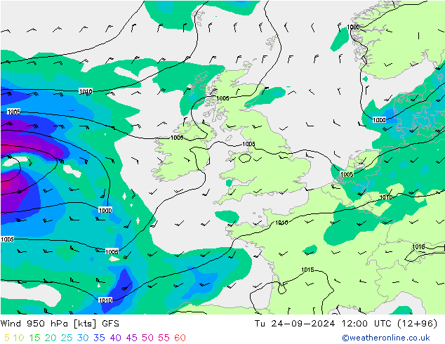 wiatr 950 hPa GFS wto. 24.09.2024 12 UTC